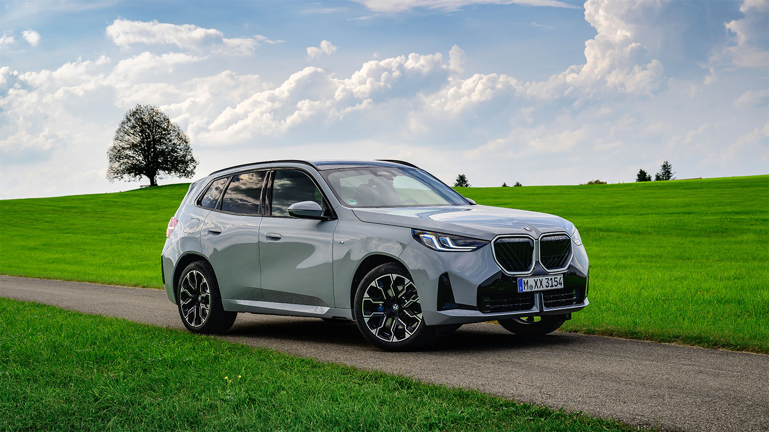 En silverfärgad BMW SUV parkerad på en smal väg, med vidsträckta gröna fält och en ensam träd i bakgrunden.